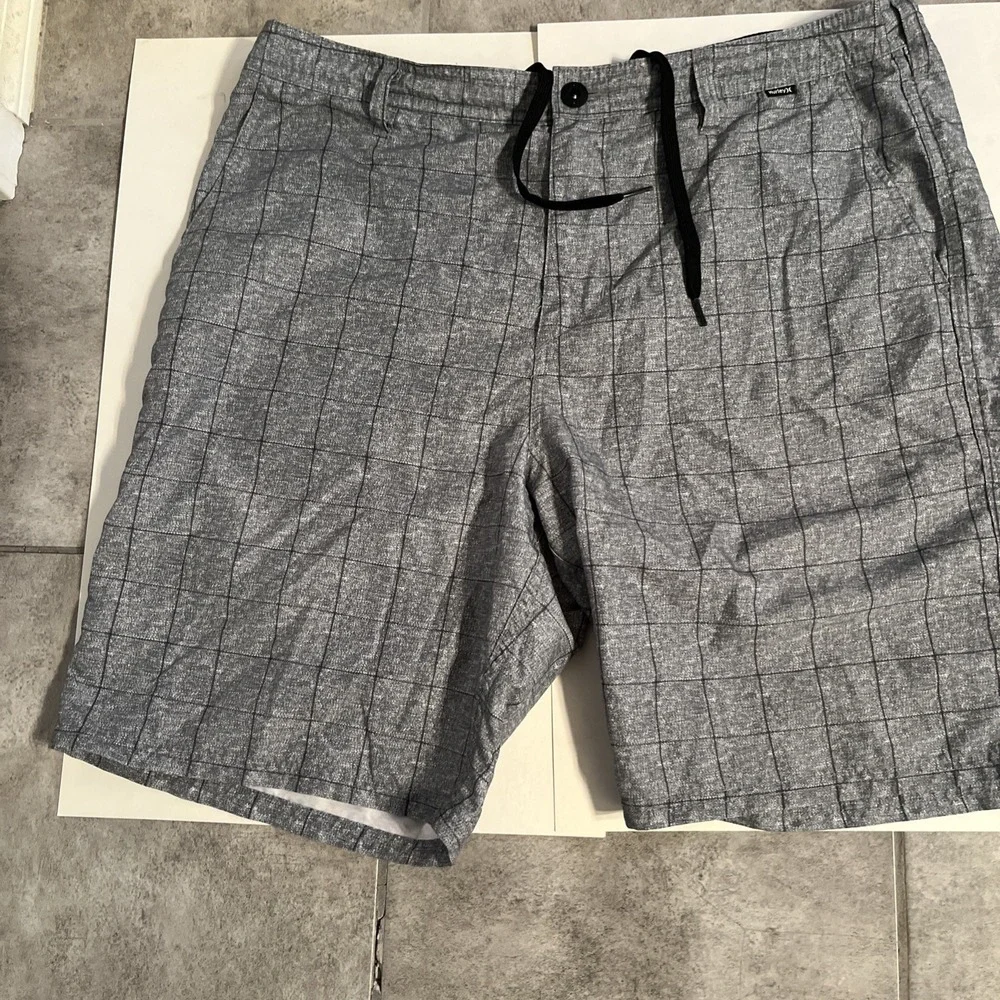 Hurley Board Shorts, Sz 36 Checkered Grey Pattern